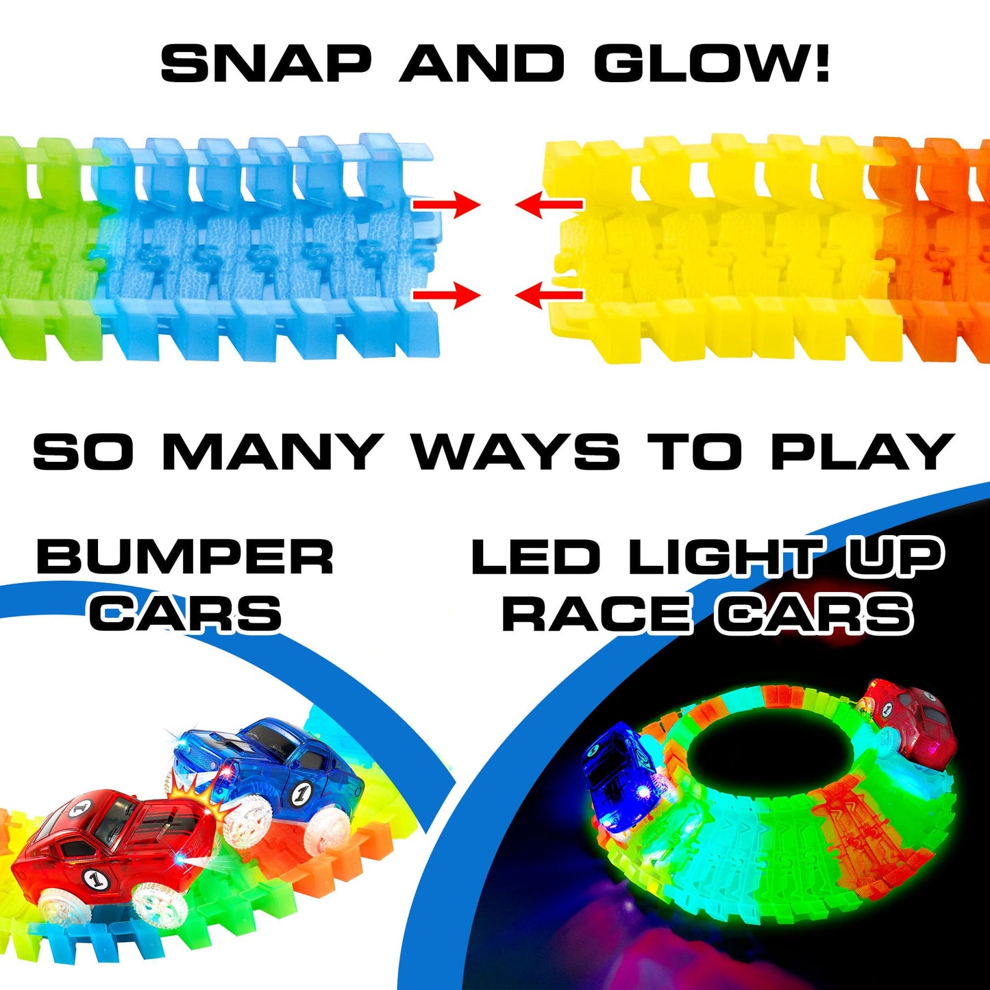 USA Toyz Glow Tracks Starter Kit – 216pc Bendable Glow-in-the-Dark Rainbow Race Track with 2 LED Cars, STEM Toy for Kids