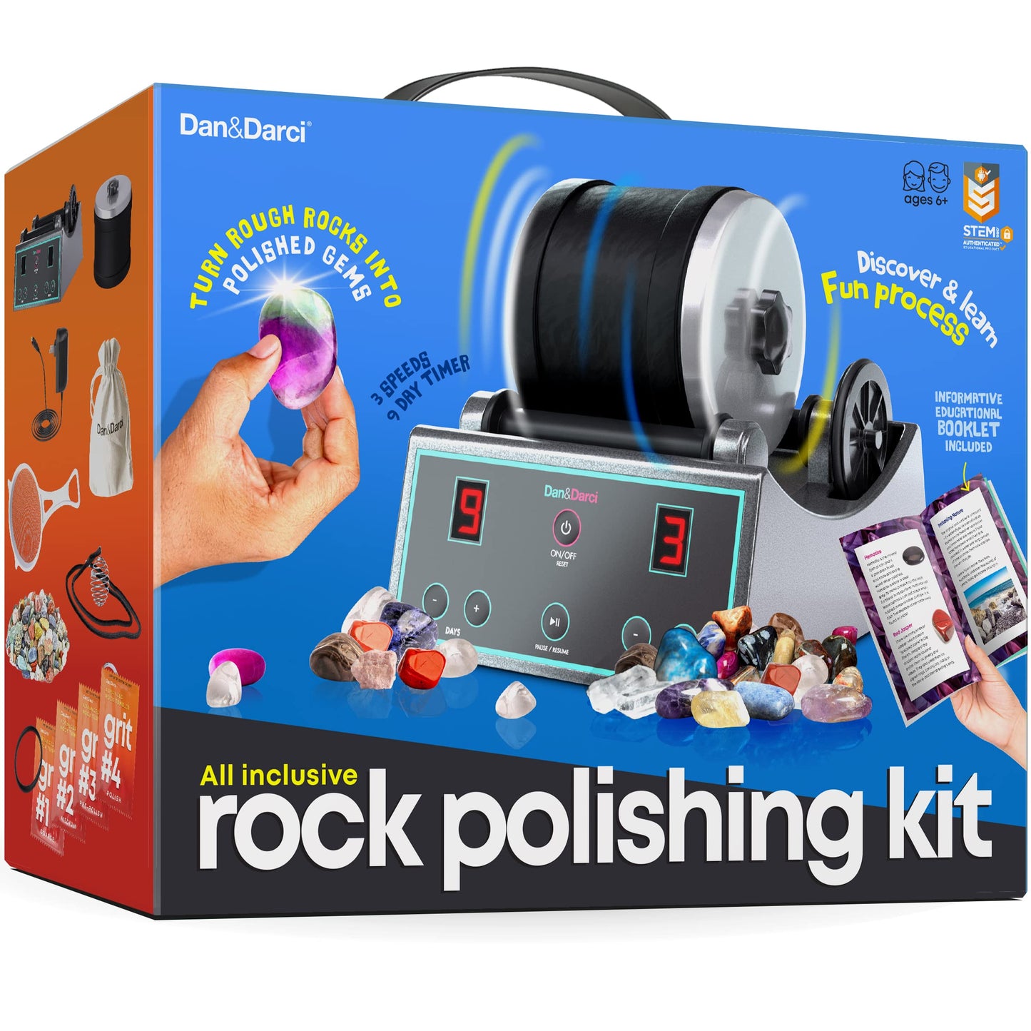 Dan&Darci Professional Rock Tumbler Kit with Digital Timer & 3 Speeds – Turn Rocks into Gems | STEM Science & Geology Toy for Kids