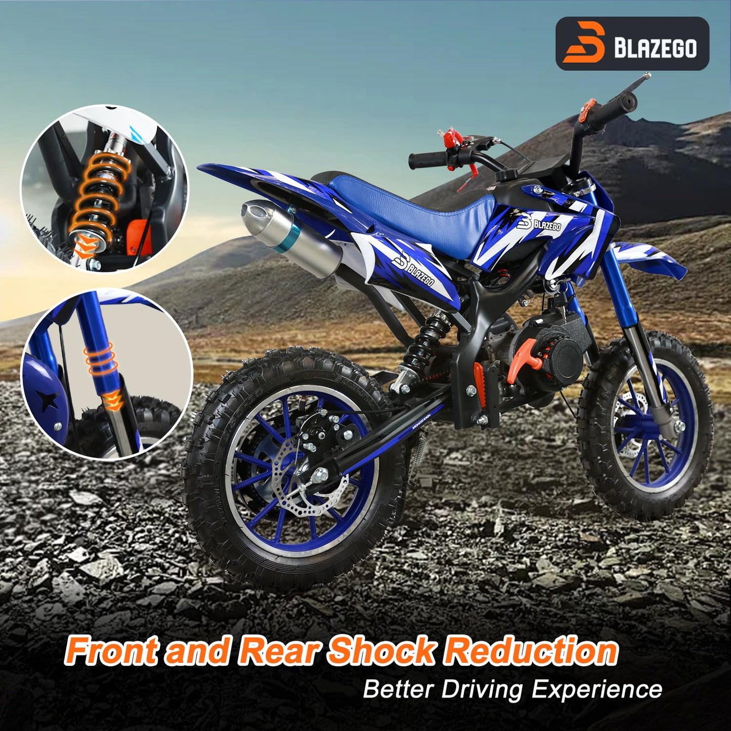 BLAZEGO 49cc Gas-Powered Kids Dirt Bike, 2-Stroke Mini Motorcycle with Off-Road Tires, Disc Brakes, Shock Absorption & Soft Seat, Ages 8-14, Blue