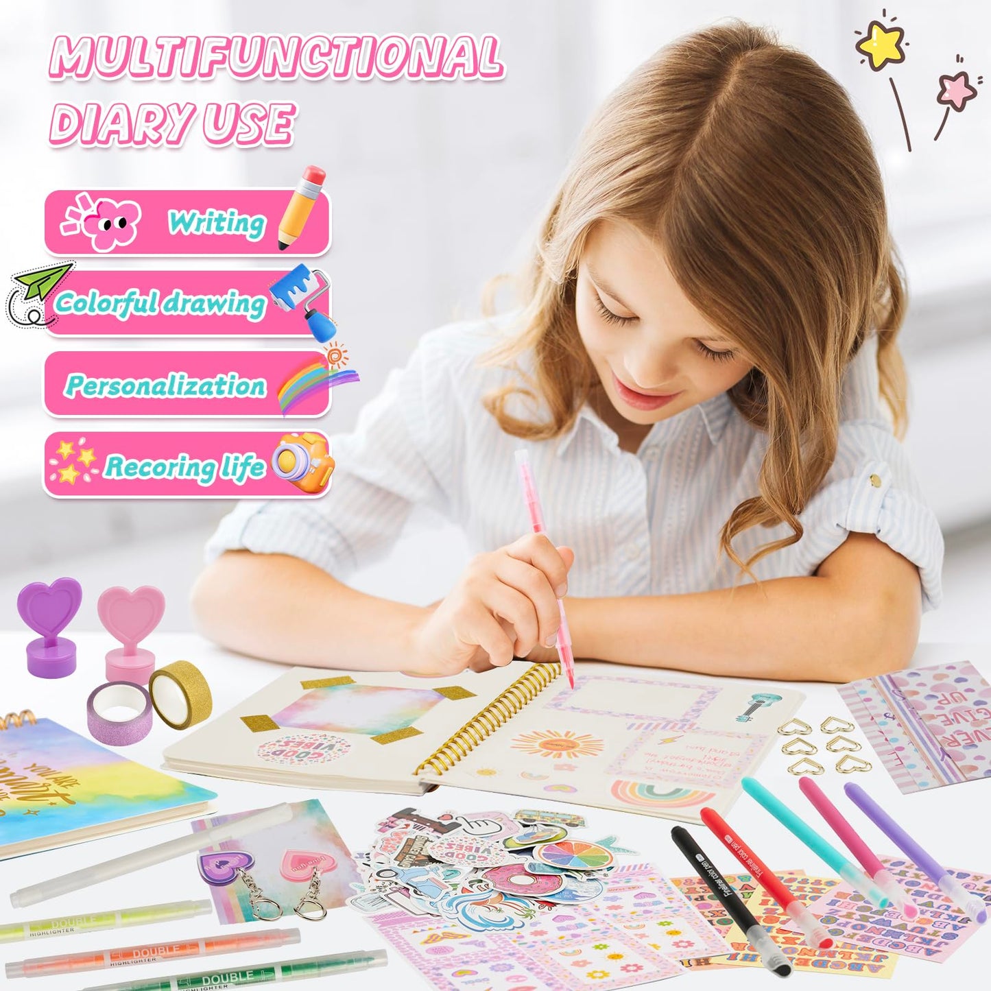 OIHEW 2-PC DIY Journal & Scrapbook Kit for Girls 8-14, Includes Stickers, Stationery, Crafts, Birthday & Christmas Gift Set