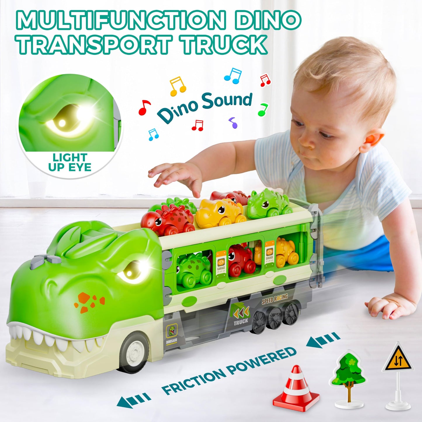 Funwee Dinosaur Truck Toy Set for Kids Ages 2-7 – Foldable Track, 2-Player Race, Lights & Sounds, 6 Dino Cars + 12 Accessories, Birthday Gift