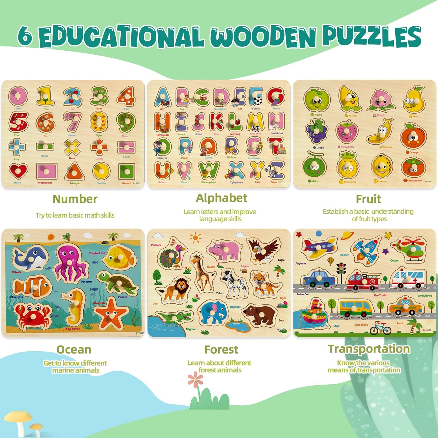 edutree Wooden Peg Puzzles for Toddlers – 6-Pack Montessori Educational Toys with Alphabet, Numbers, Animals, Vehicles & Shapes for Ages 1-5