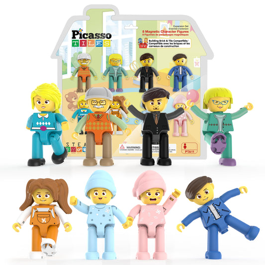 PicassoTiles 8-Piece Magnetic Action Figures Set – Family Characters for STEM, Creative Play & Magnet Tile Building Expansion, PTA11