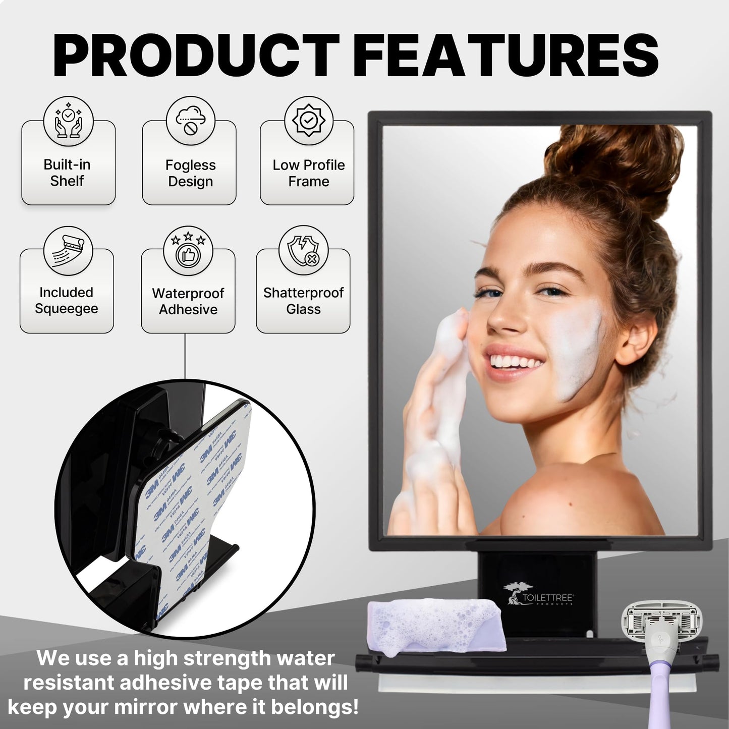 ToiletTree Fogless Shower Mirror – Adjustable Anti-Fog Shaving Mirror with Squeegee, Rust-Proof & Shatter-Resistant, Tall