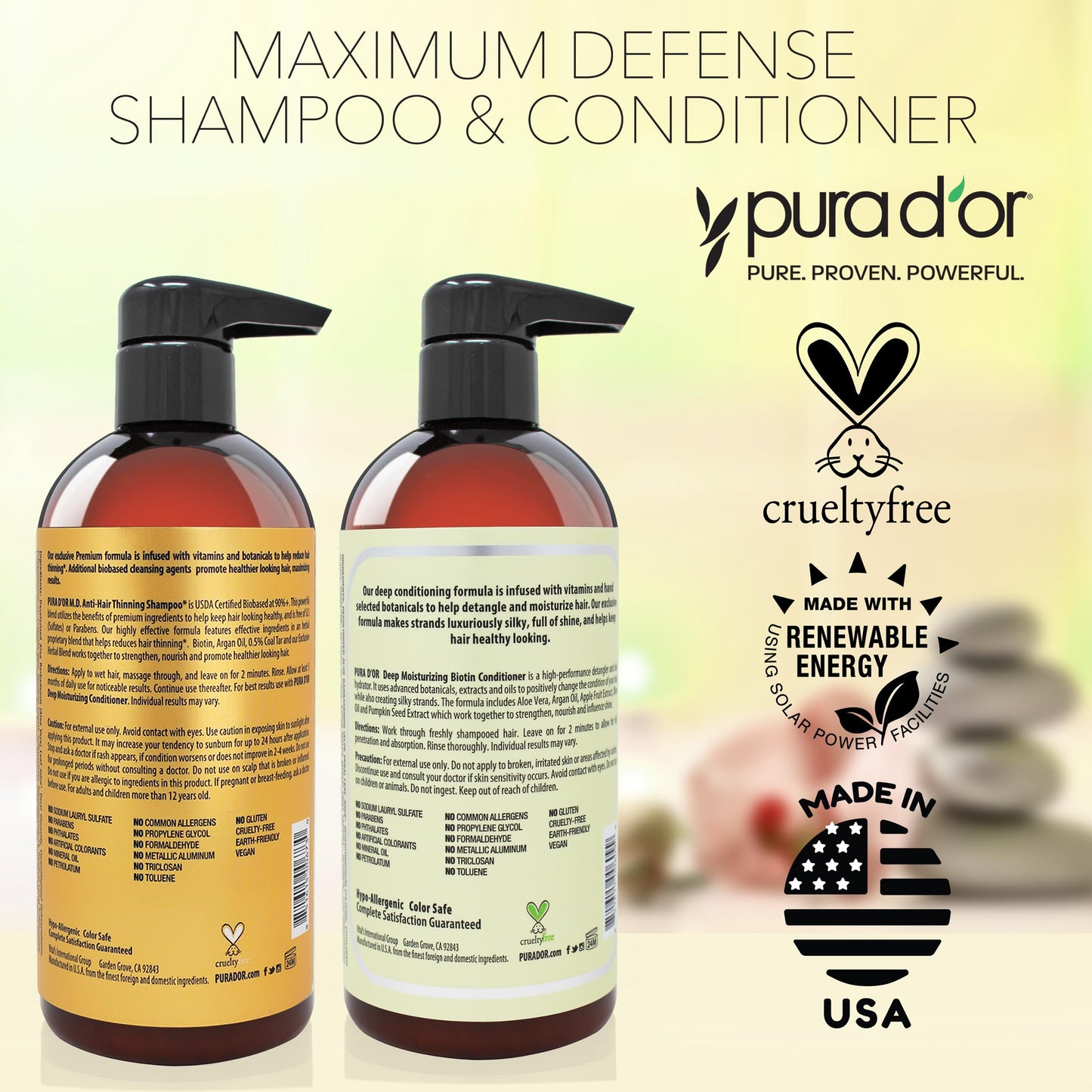 PURA D'OR MD Anti-Thinning Biotin Shampoo & Conditioner Set 16oz x2 – Maximum Defense Herbal Blend for Thicker Hair & Scalp Health