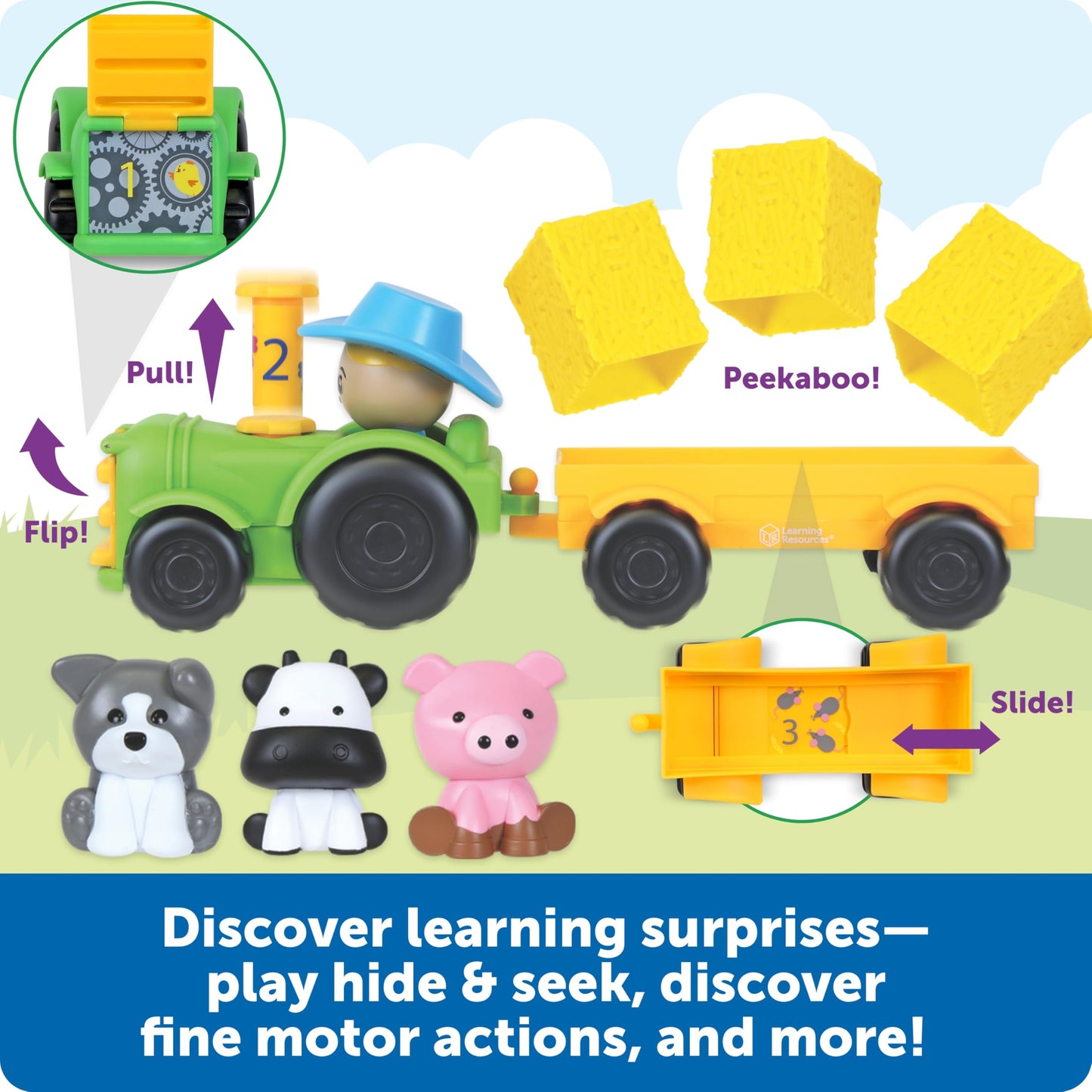 Learning Resources Peeksville Haul & Seek Tractor Toy with Farm Animals – Toddler Sensory Play, Preschool Learning & Farm Games