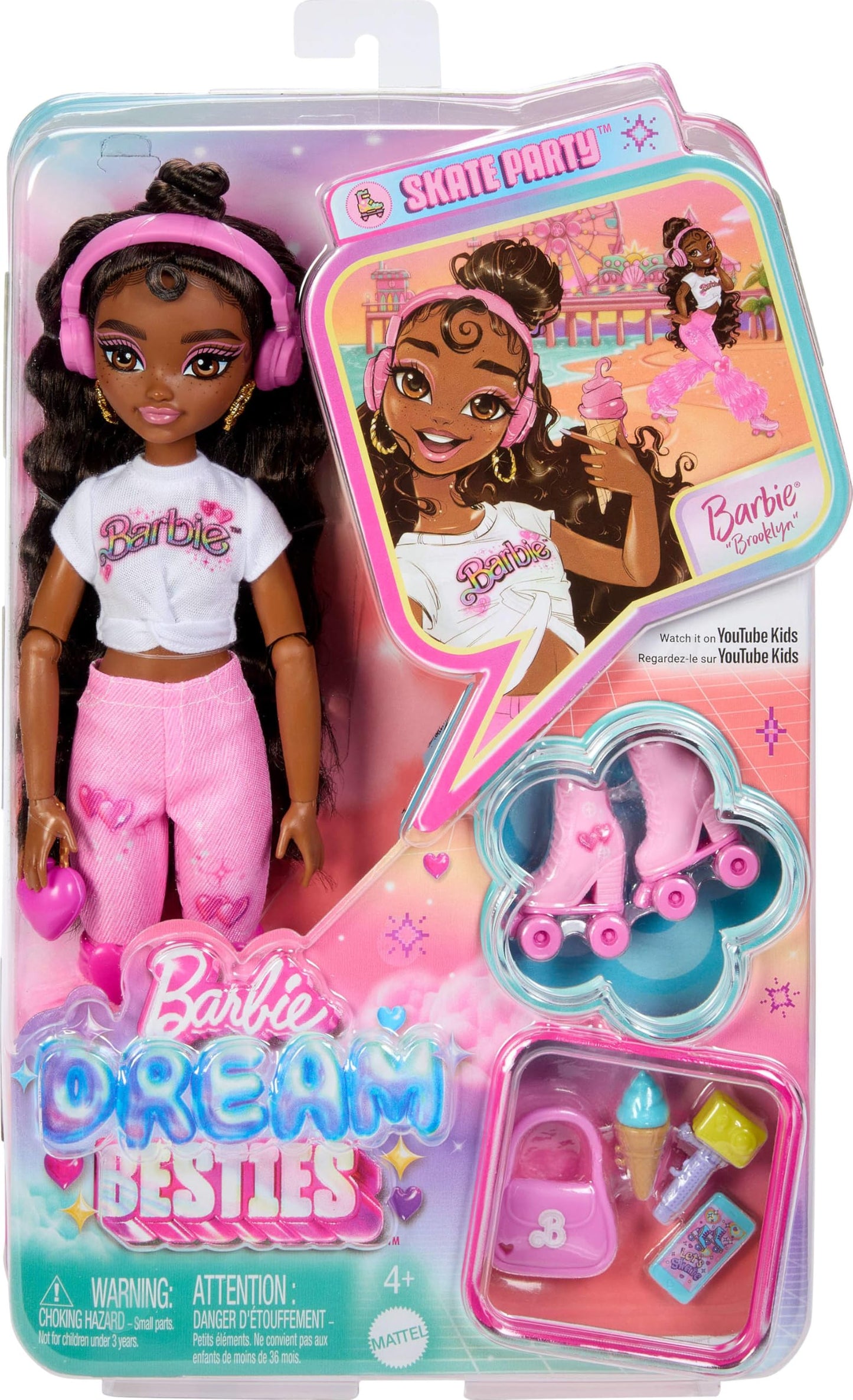 Barbie Dream Besties Doll and Accessories, Barbie Brooklyn” Posable Roller Skating Fashion Doll with Dark Brown Hair, 9 Music & Video Themed Pieces