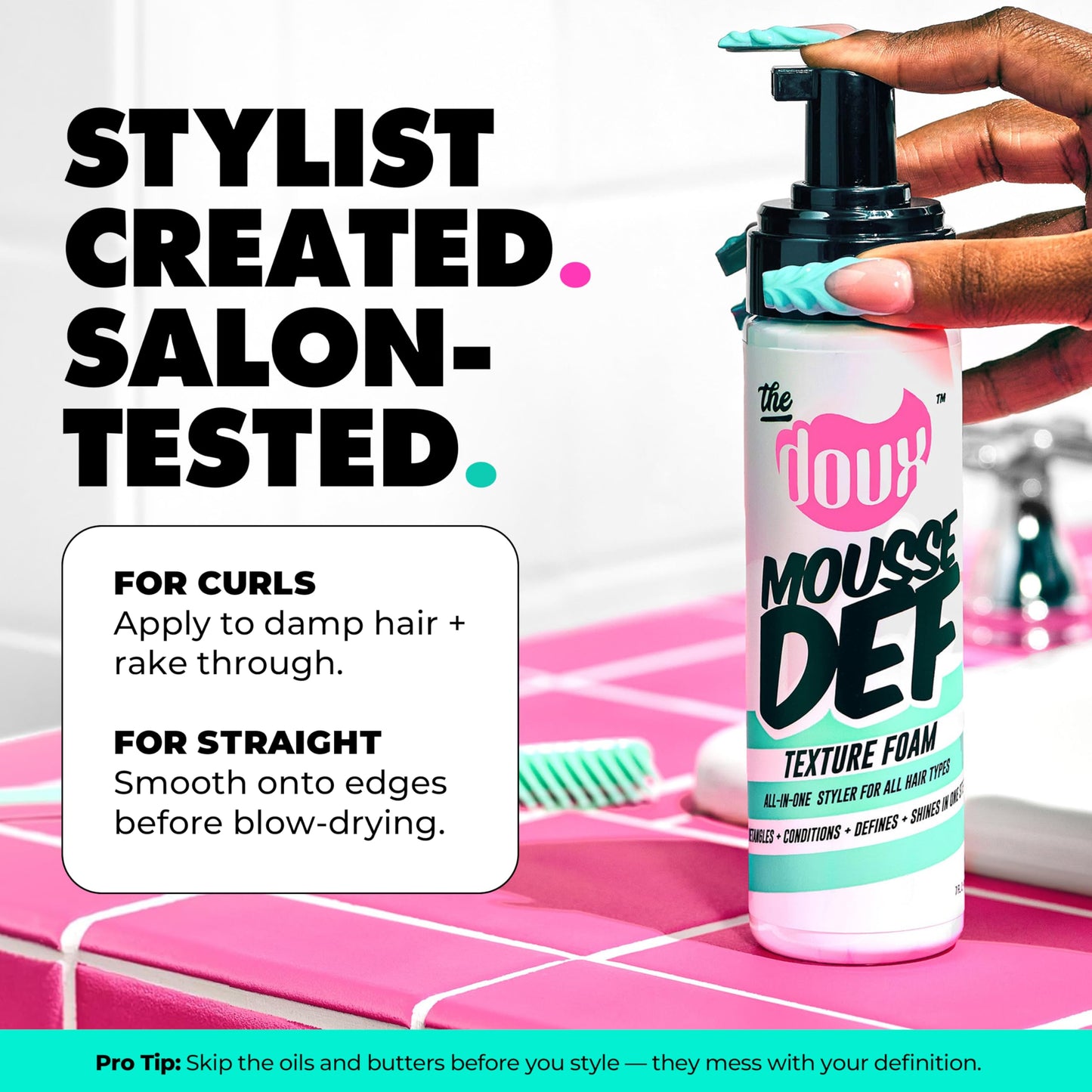 The Doux Multi-Use Mousse Def Texture Foam – Styling Mousse for Curly & Textured Hair, Adds Curl Definition, Volume & Shine, Curl Cream Alternative