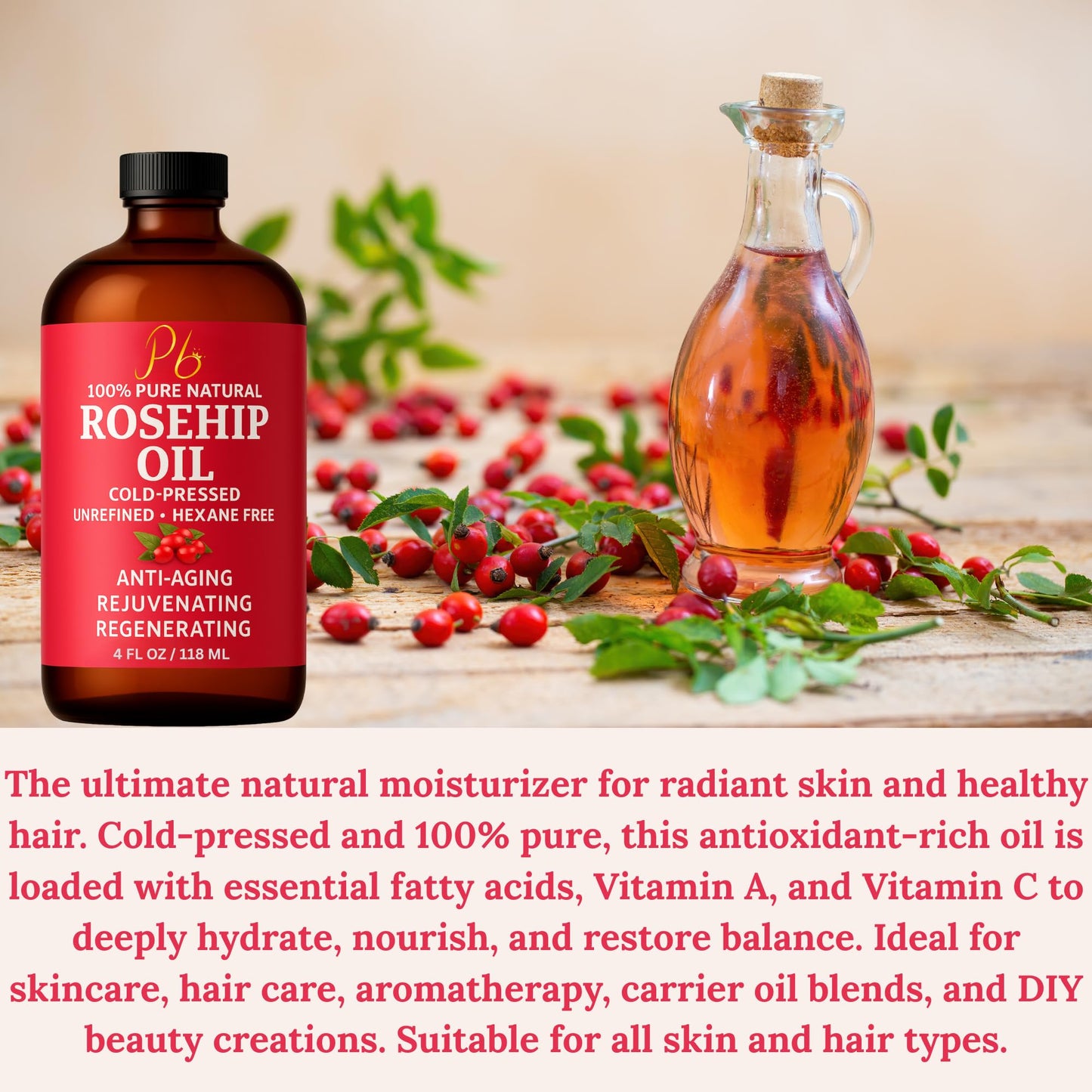 Pomberries Rosehip Oil – Cold-Pressed & Unrefined, Face, Skin & Hair Oil for Scars, Wrinkles, Stretch Marks, Daily Hydration & Massage, 4 fl oz