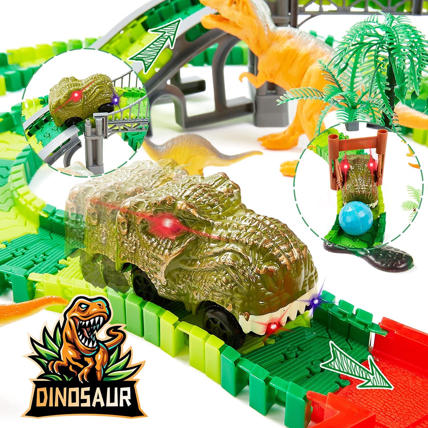 BEMITON Dinosaur Race Car Track Set – Flexible Dino Road Adventure Toys for Boys & Girls Ages 3-7, Perfect Christmas & Birthday Gift
