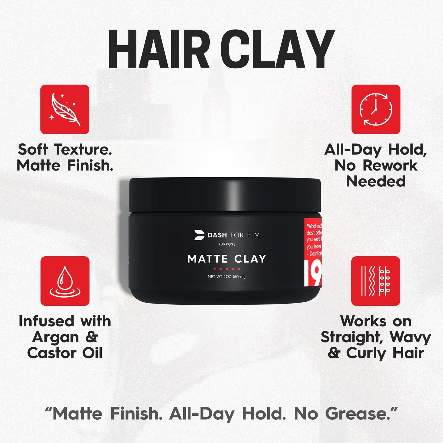 Hair Clay for Men – Matte Finish, Medium Hold | Adds Volume & Texture | Non-Greasy, Easy Wash-Out, Clean Ingredients | Barber-Grade 2oz USA-Made