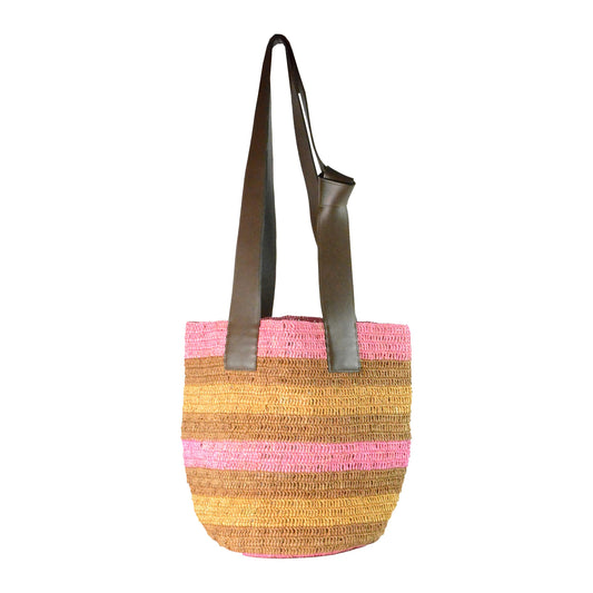 Sensi Studio, Stripes El Viajero Soft and Flexible Woven Straw Bag, OS, Multicolor Pastels Straw / Chocolate Leather Handle