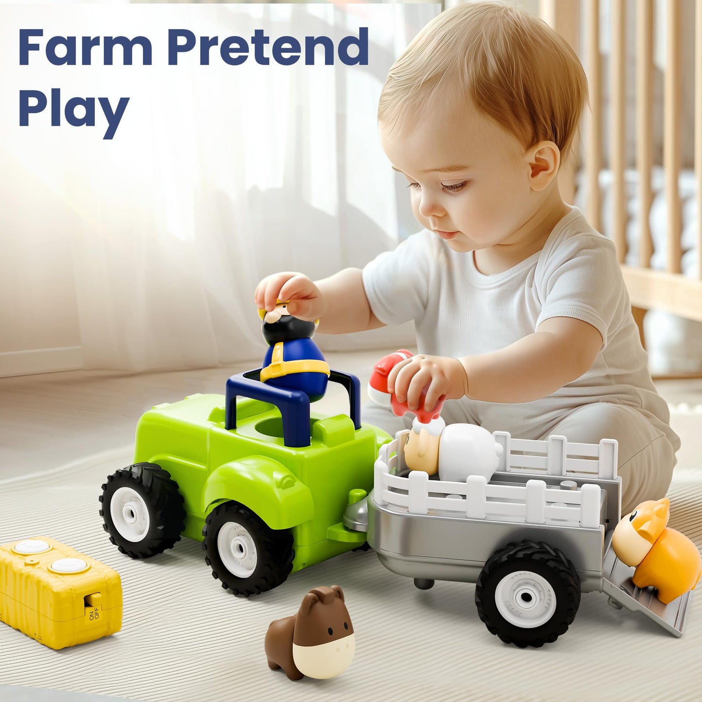 iPlay, iLearn Baby Farm Tractor Toy – Remote Control Truck with Music & Animal Trailer, Fun RC Toy for 18M-4 Year Old Boys & Girls, Easter Birthday Gift