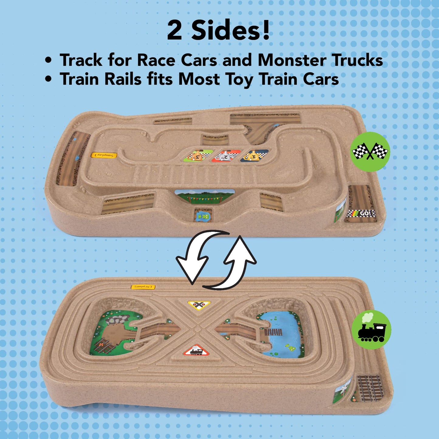 Simplay3 Portable Carry and Go Kids Race Track Toy Car Train Table, 2-Sided No Assembly for Children 3 4 5 6 7 Years Old Boys Girls, Made in USA