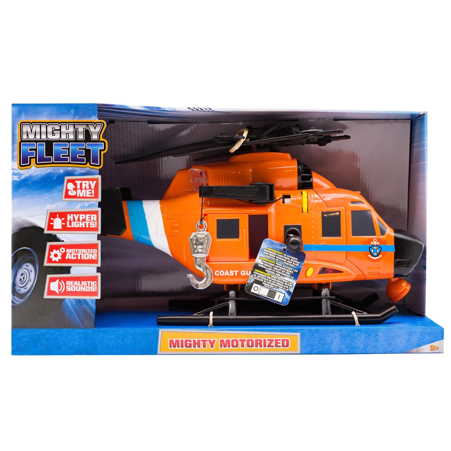 Mighty Fleet Motorized Rescue Helicopter Toy with Spinning Propellers, Working Searchlight & Winch, Lights & Sounds, Ages 3+