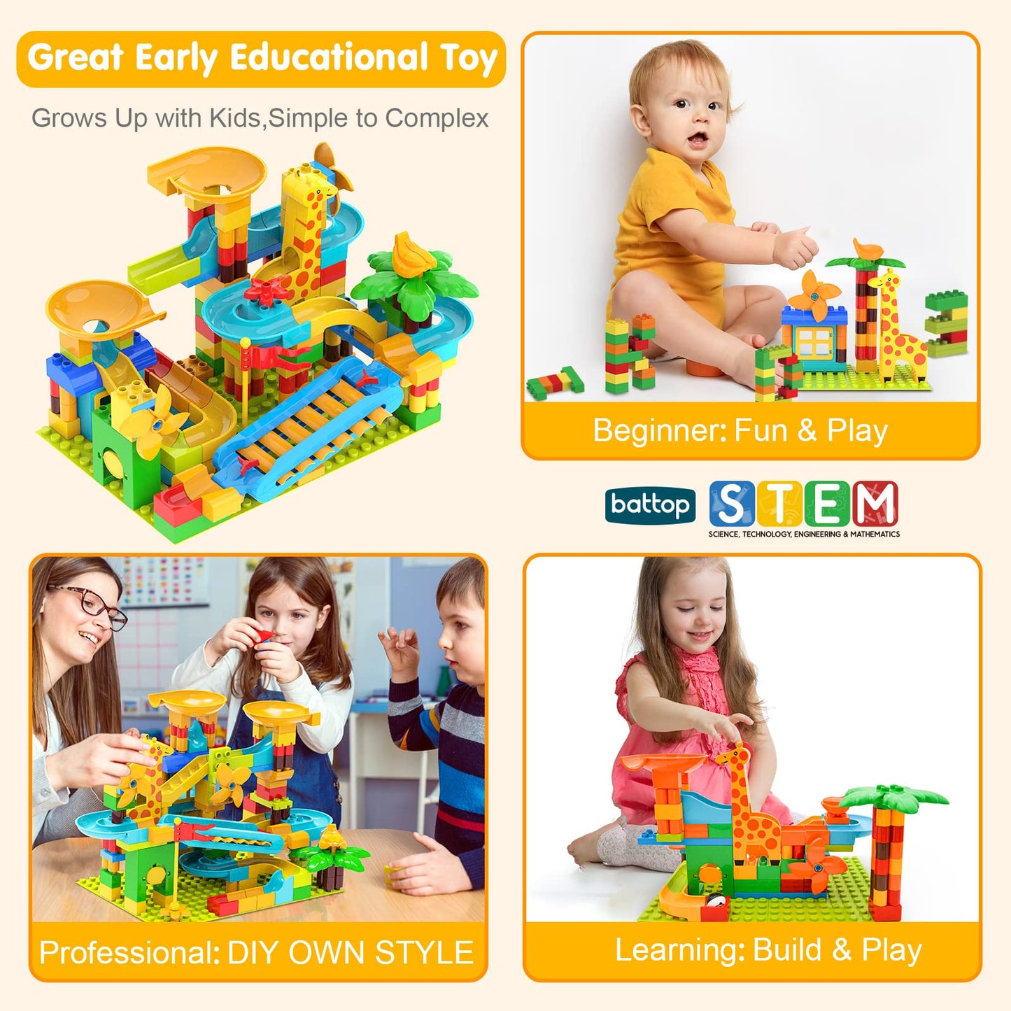 BATTOP Marble Run for Kids 4-8 – 167 PCS Big Blocks, 4-Ball Race Track, STEM Building Toy, Classic Marble Run Set, Xmas Gift for Boys & Girls