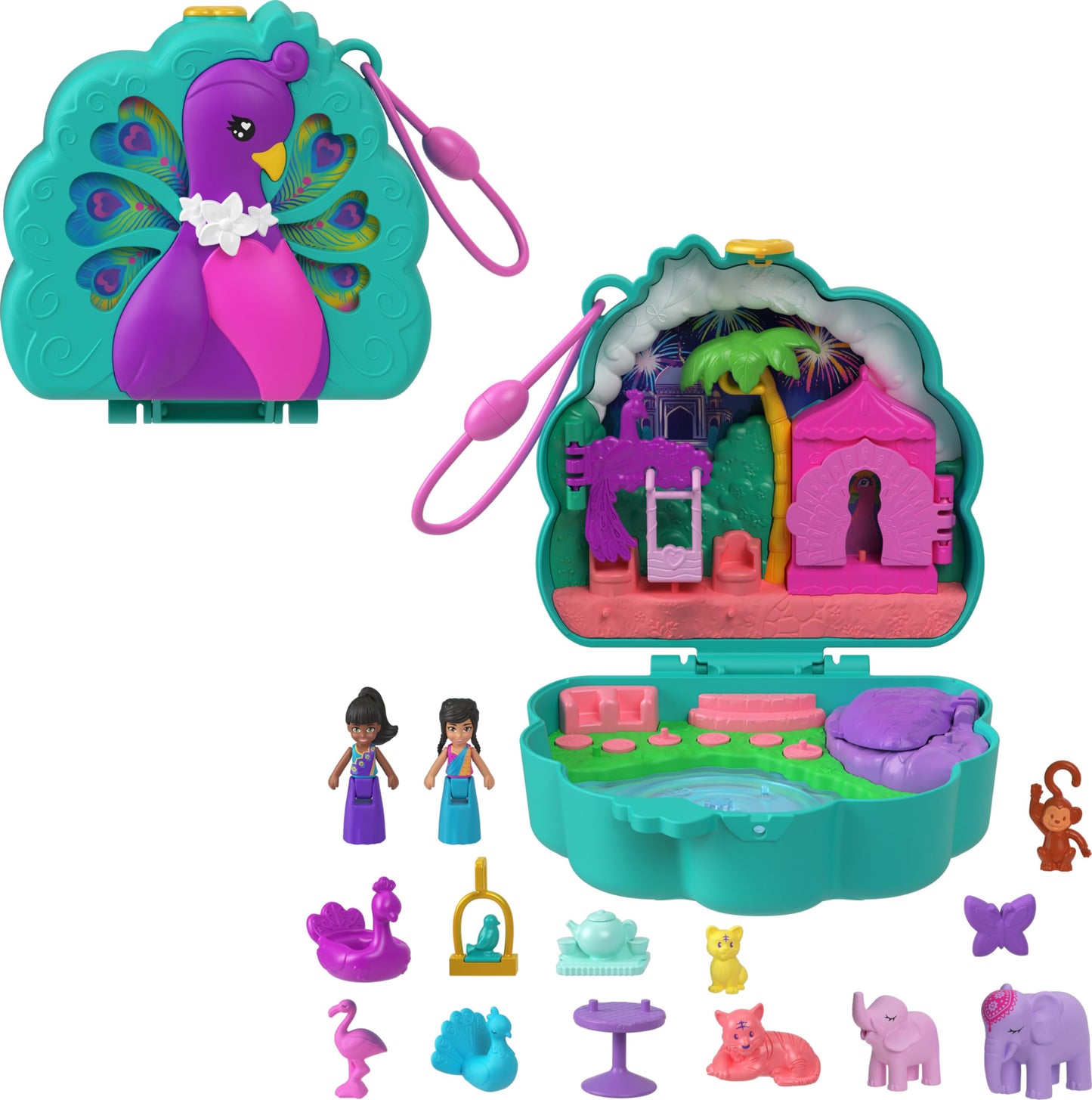 Polly Pocket Dolls & Playset, Peacock Garden Compact, Travel Toy with 2 Micro Dolls, Pets & Animal Accessories