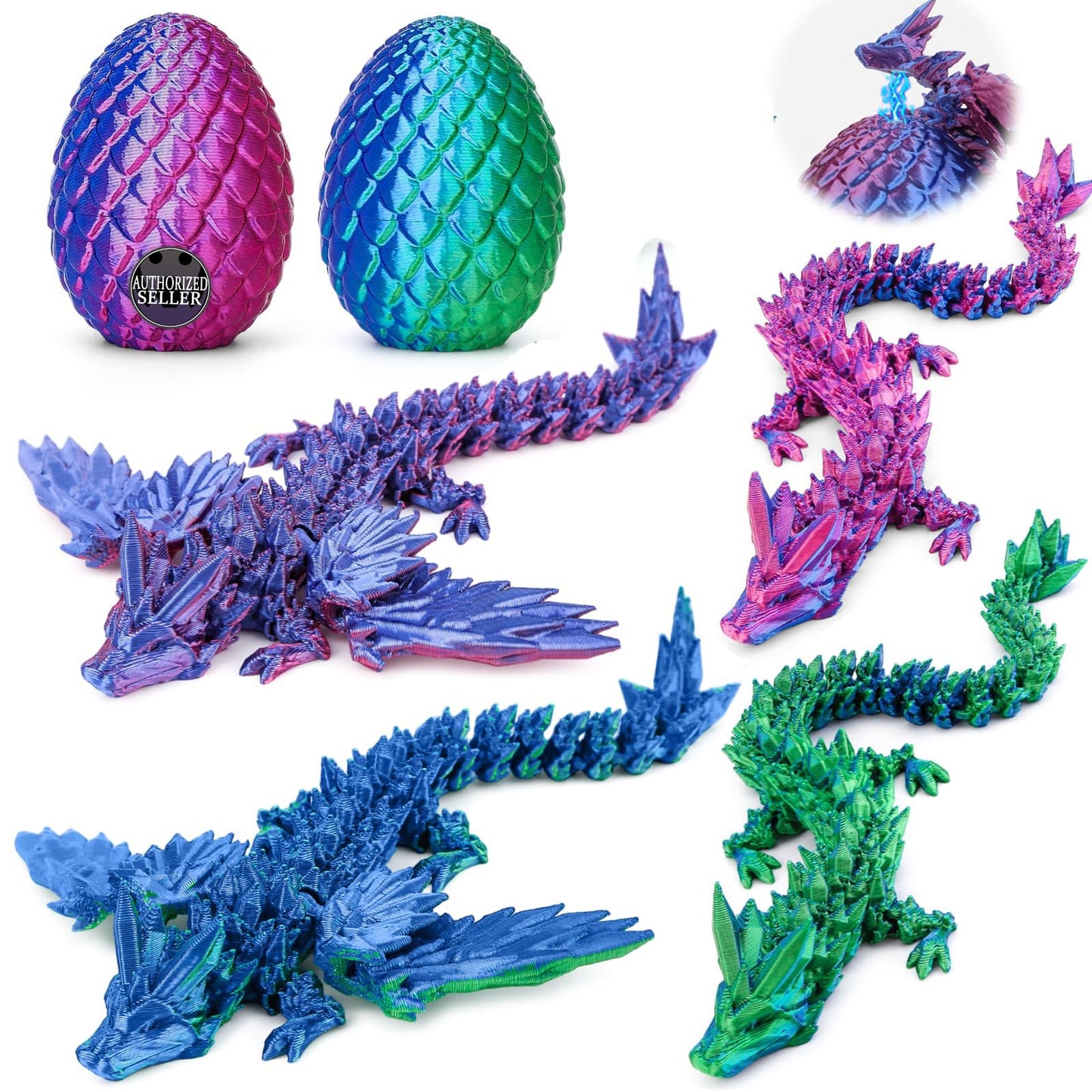 Aousin 3D Printed Dragon Eggs with 4 Dragons Inside - Swappable Wing, Flexible Articulated Magnetic Dragons Animals Fidget Toy for Kids (Purple+Blue)
