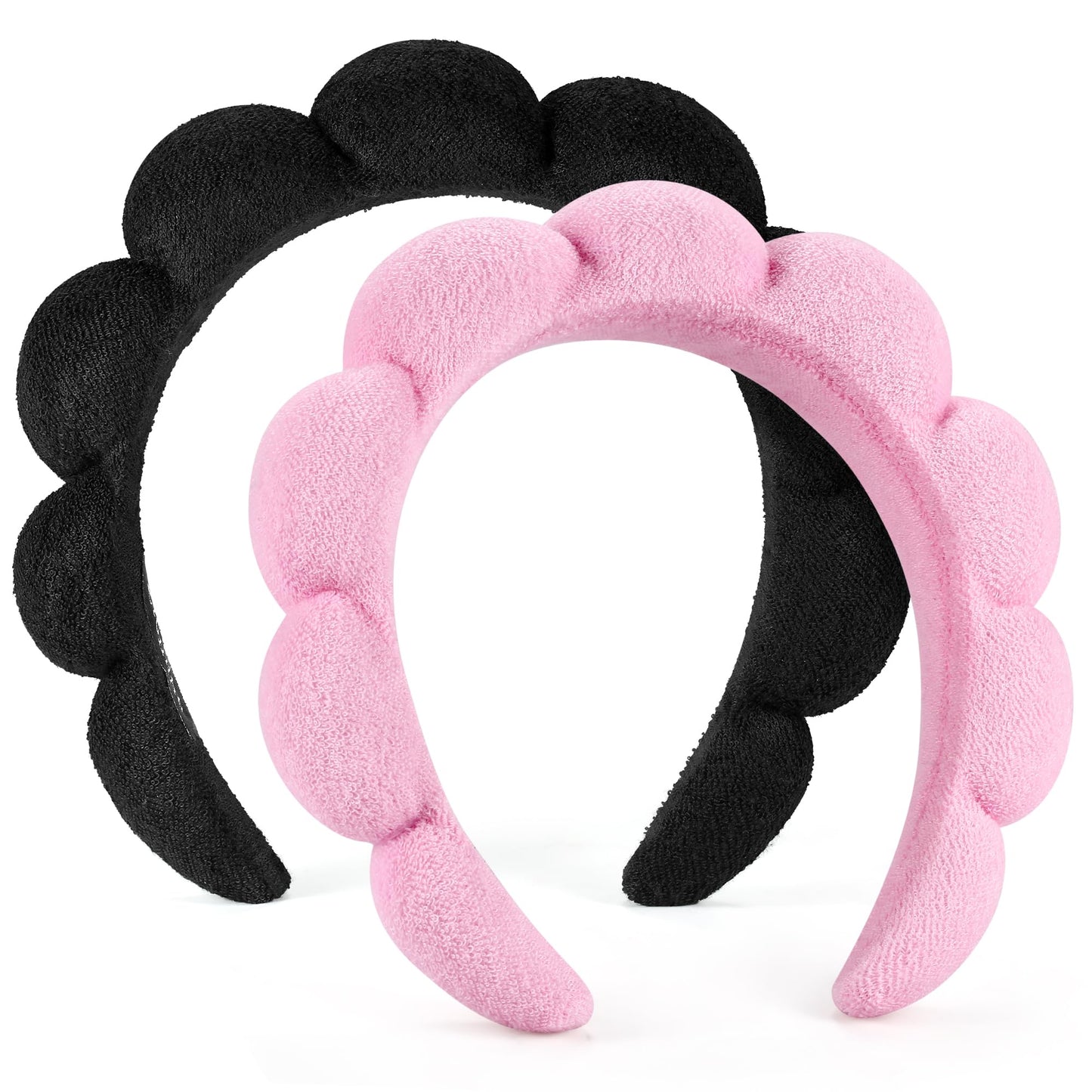 Ztomine Spa Headbands Set of 2 for Face Washing & Skincare – Soft Terry Cloth Puffy Headbands for Makeup, Facial & Mask (Black & Pink)