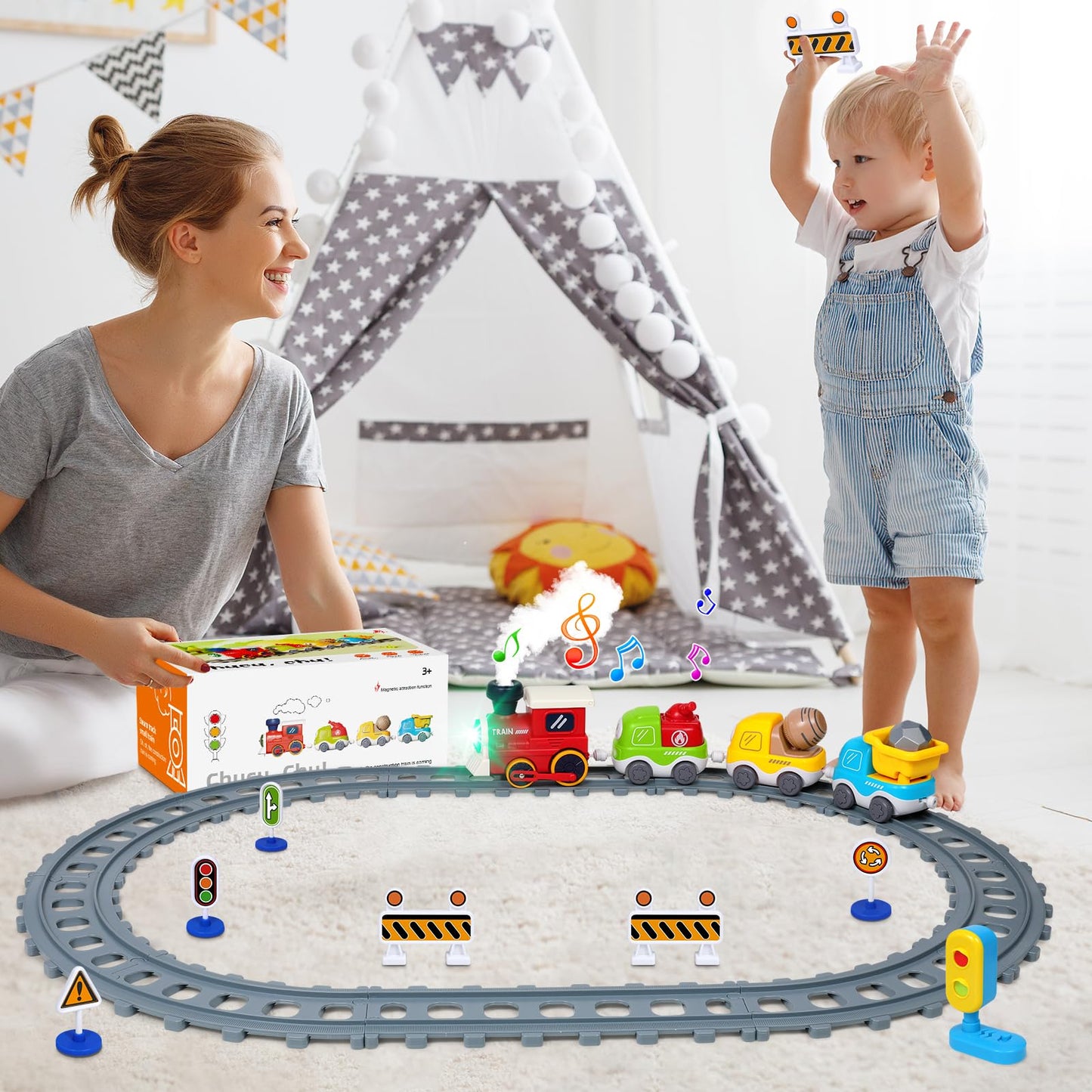 Electric Train Set for Toddlers & Kids 3-8 with Lights, Music, Steam, Magnetic Tracks – Realistic Train Toy for Boys & Girls Birthday Gift