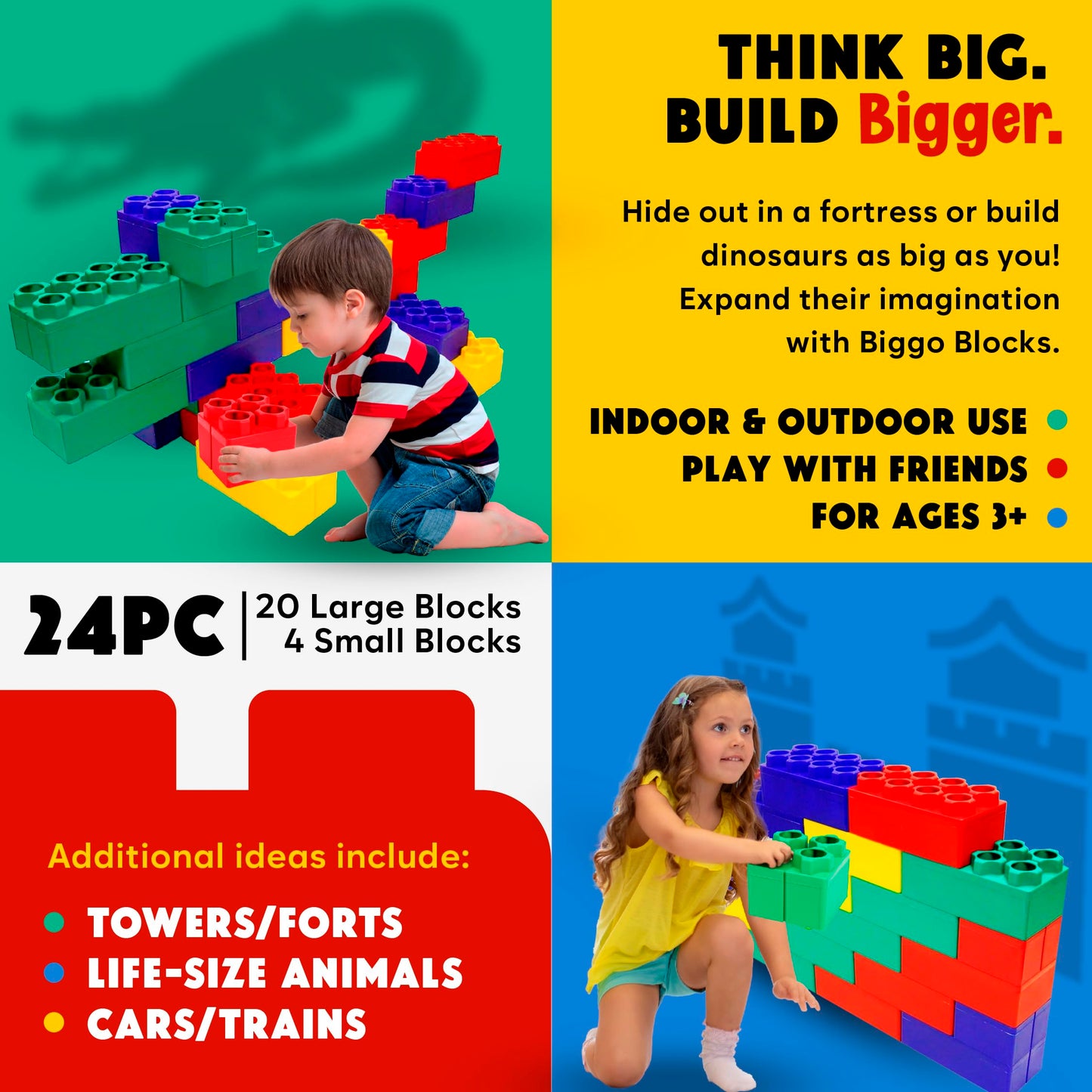 BiggoBlocks Big Blocks for Kids Ages 4-8, Indoor & Outdoor Blocks for Kids Jumbo Games, Large Building Blocks (24 PC) Beginner Set