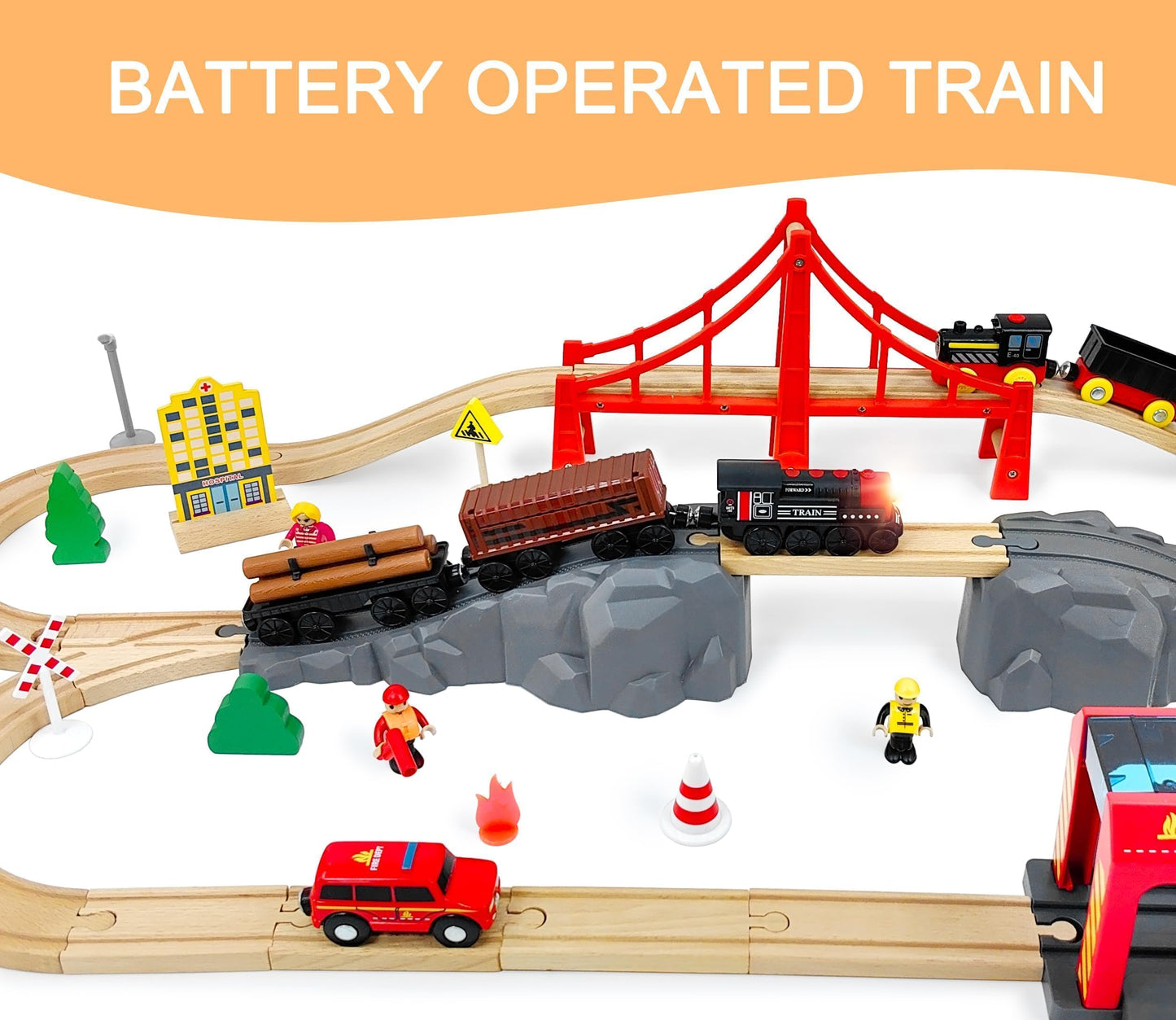 Motorized Wooden Train Set, 3 Battery-Powered Trains for Toddlers 3+, Compatible with Thomas, Brio & Chuggington Tracks