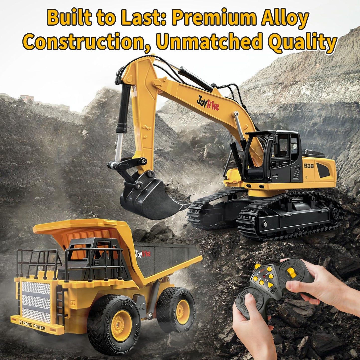 Joylike RC Excavator and Dump Truck Toy Set，2.4Ghz Metal Remote Control Construction Vehicle with Light&Sound, Best Christmas Toy for Boys 8+Year Old Kid