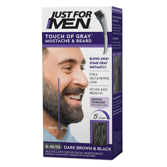 Just For Men Touch of Gray Mustache & Beard Dye - Dark Brown & Black (B-45/55) | Easy Brush-In Beard Coloring for Natural Salt & Pepper Look, 1 Pack