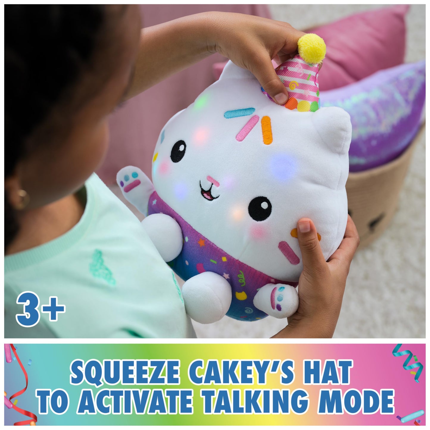 Gabby’s Dollhouse Celebrations, Sprinkle Party Cakey Cat Plush, 10-Inch Interactive Stuffed Animal with Sounds, Kids Toys for Girls & Boys Ages 3+