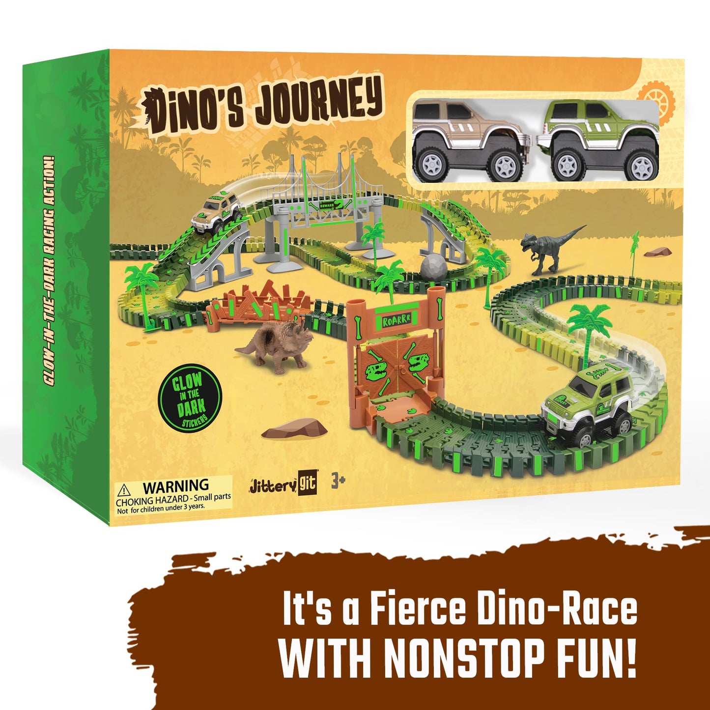 JITTERYGIT Dinosaur Jurassic Glow-in-the-Dark Race Track Toy Set with T-Rex & Triceratops – Dino Racetrack Park for Kids Ages 3-8