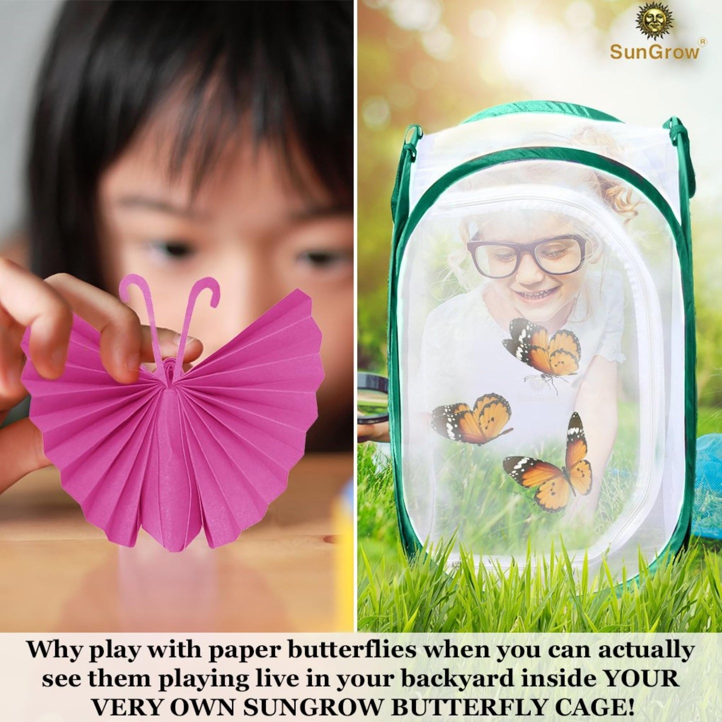 SunGrow 24" Foldable Butterfly Habitat - Cage for Caterpillars, Breeding Ladybugs, Dragonflies, Soldier & Houseflies, Green