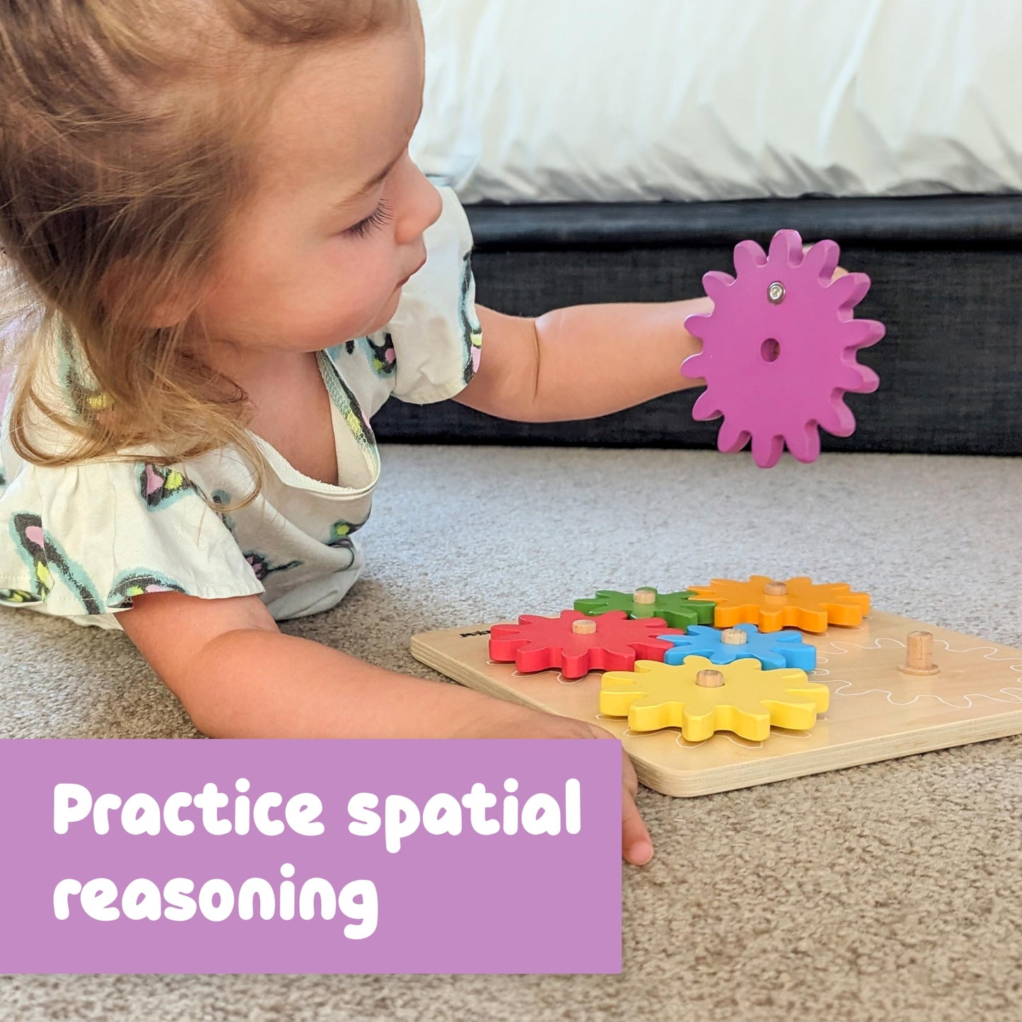 SPARK & WOW Spinny Gears | Wooden Gear Board with 6 Pieces in 3 Sizes | Cause and Effect Toys | Create Colorful, Spinning Combinations