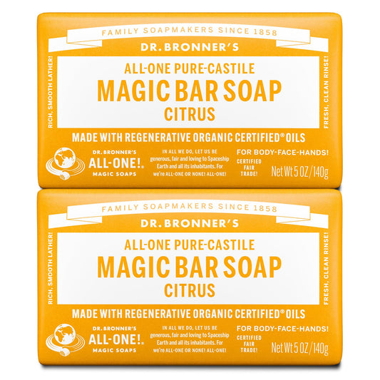 Dr. Bronner's Pure-Castile Magic Bar Soaps, 2-Pack 5oz | Vegan, Organic Oils, Citrus Scent, Face, Body & Hair for Men & Women