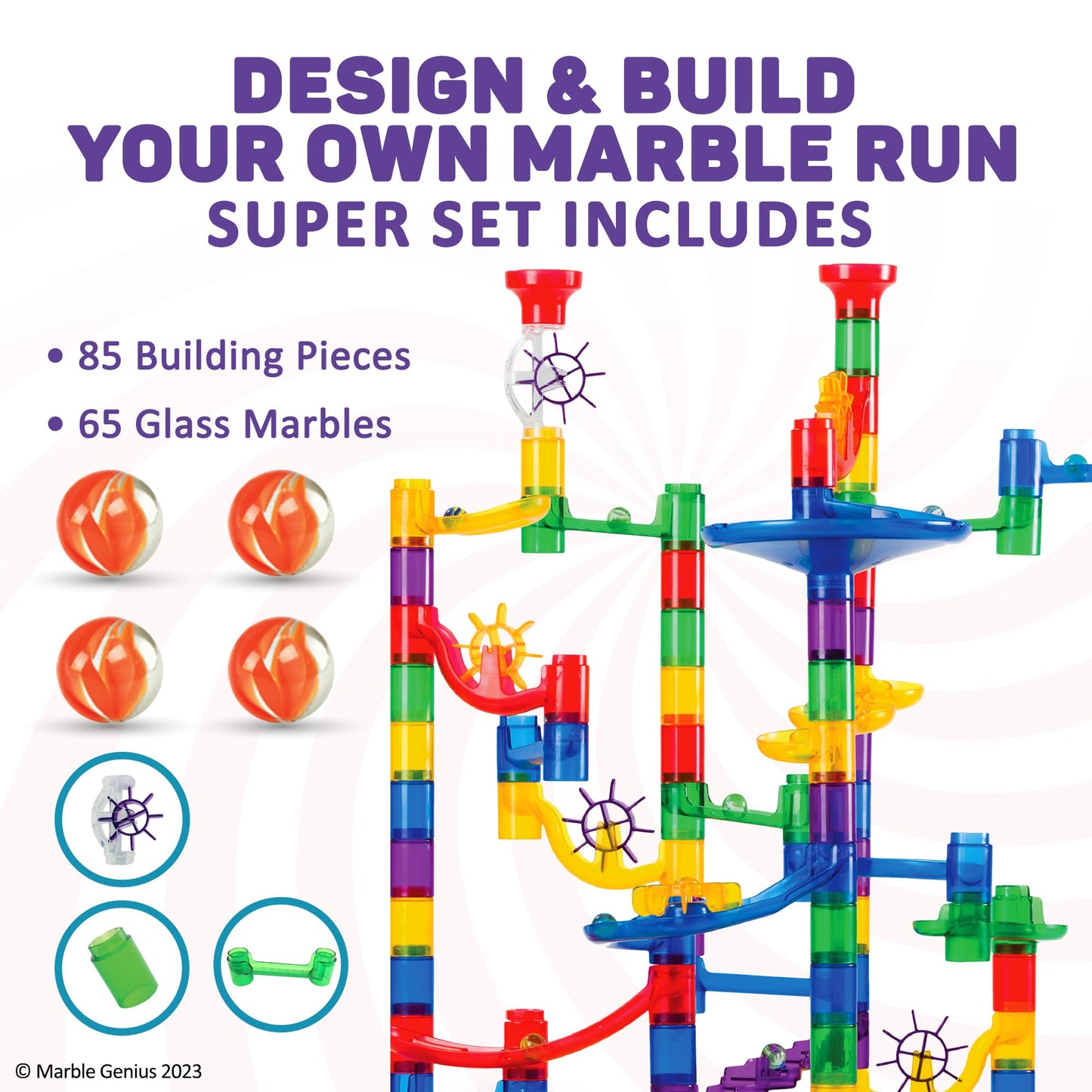 Marble Genius Marble Run Super Set – 150-Piece Maze Track Toy with 85 Translucent & 65 Glass Marbles for Kids & Adults 4-8+