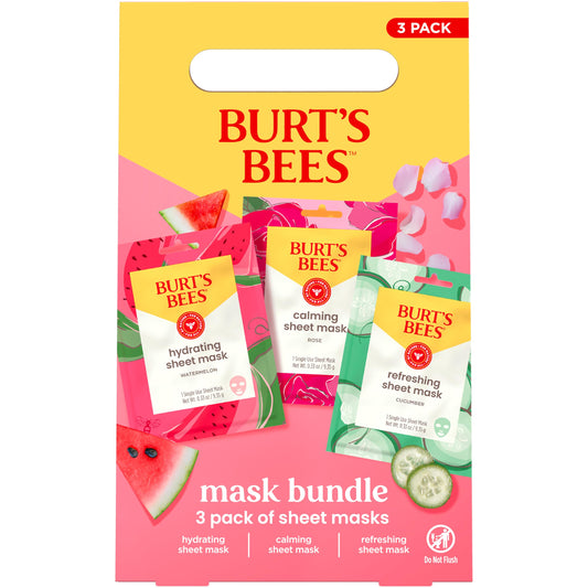 Burt's Bees Holiday Face Mask Set – Hydrating Watermelon, Calming Rose & Refreshing Cucumber Sheet Masks, 3 Single-Use, 99% Natural, 0.33oz Each