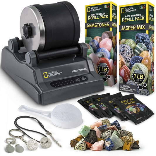 Blue Marble National Geographic Rock Tumbler Kit - Noise-Reduced Polisher with Grit & 2.5 lb Gemstone Mix, STEM Hobby for Kids & Adults