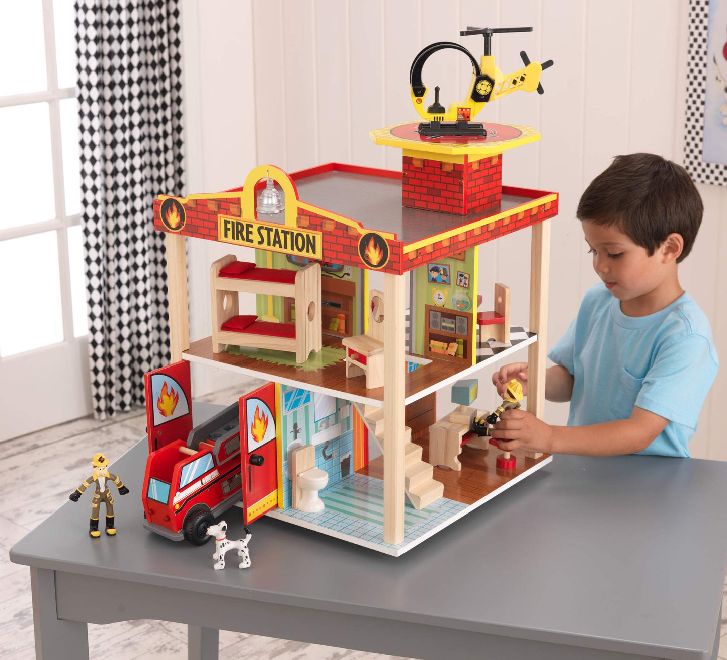KidKraft Wooden Fire Station Set with 15 Accessories Including Helicopter, Bendable Figures and Dalmatian Dog