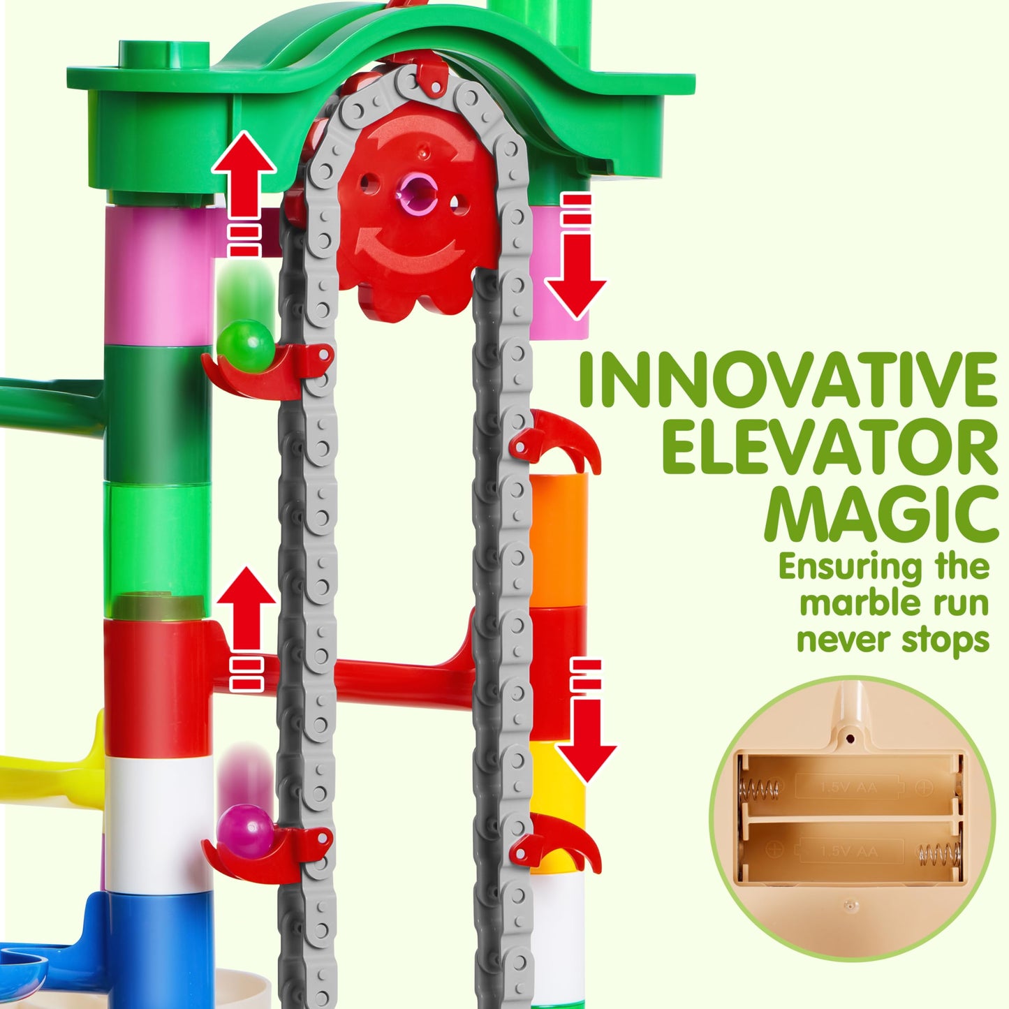 JOYIN 236-Piece Glowing Marble Run with Motorized Elevator, 30 Glow-in-the-Dark Marbles, STEM Building Toy for Kids Gift