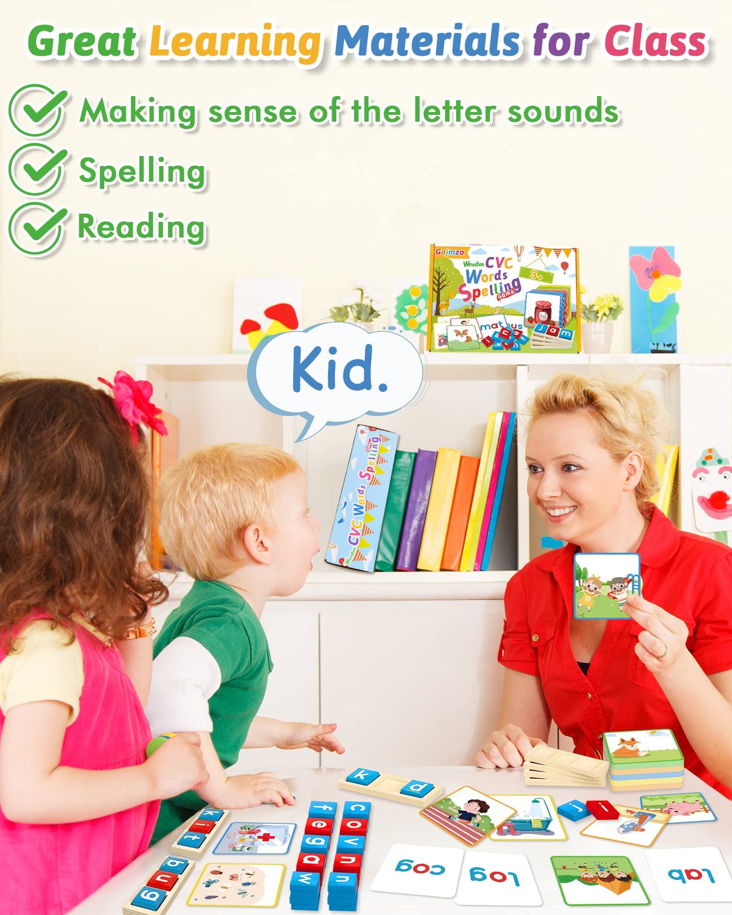 Gojmzo Wooden CVC Word Spelling Game – Montessori Learning Toy & Sight Word Flash Cards for Preschool Kids Ages 3-6