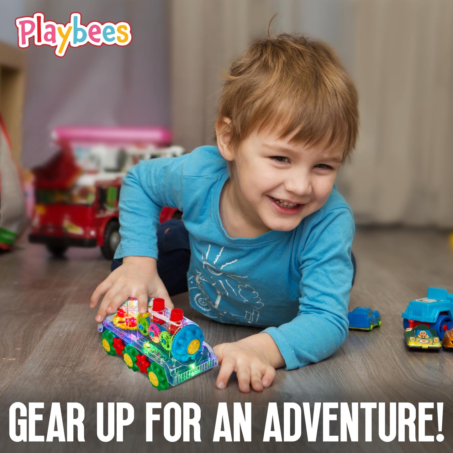 Playbees Light-Up Train Toy for Kids | Transparent Gear Cars, Flashing Lights, Music & Educational Crawling Fun, Battery Operated Birthday Gift