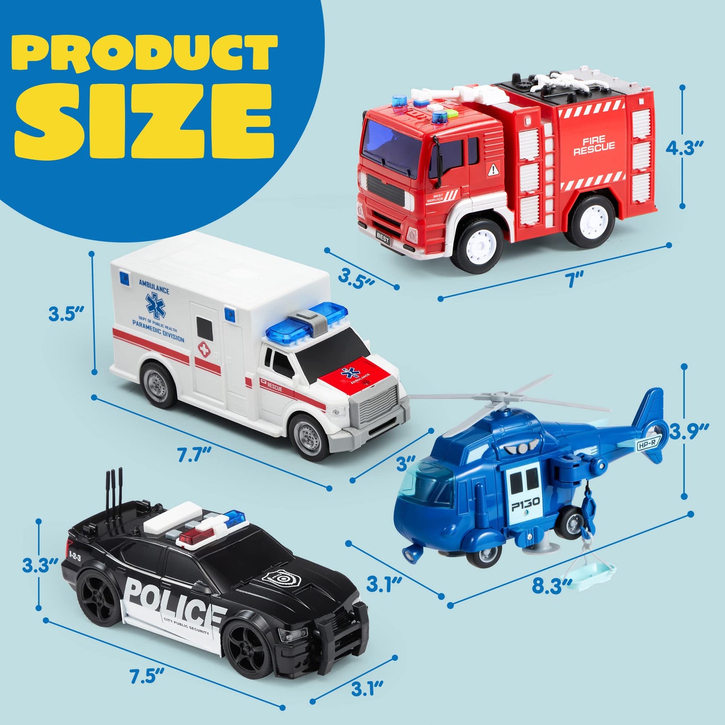 JOYIN 4-Pack Emergency Vehicle Toys, Friction Powered Fire Truck, Ambulance, Police Car & Helicopter with Lights & Sounds, Kids Gift