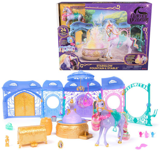 Unicorn Academy, Starglow Fountain & Stable Playset with Wildstar, Lights & Sounds, 24 Accessories, Dolls & Unicorn Toys for Girls Ages 4 and up