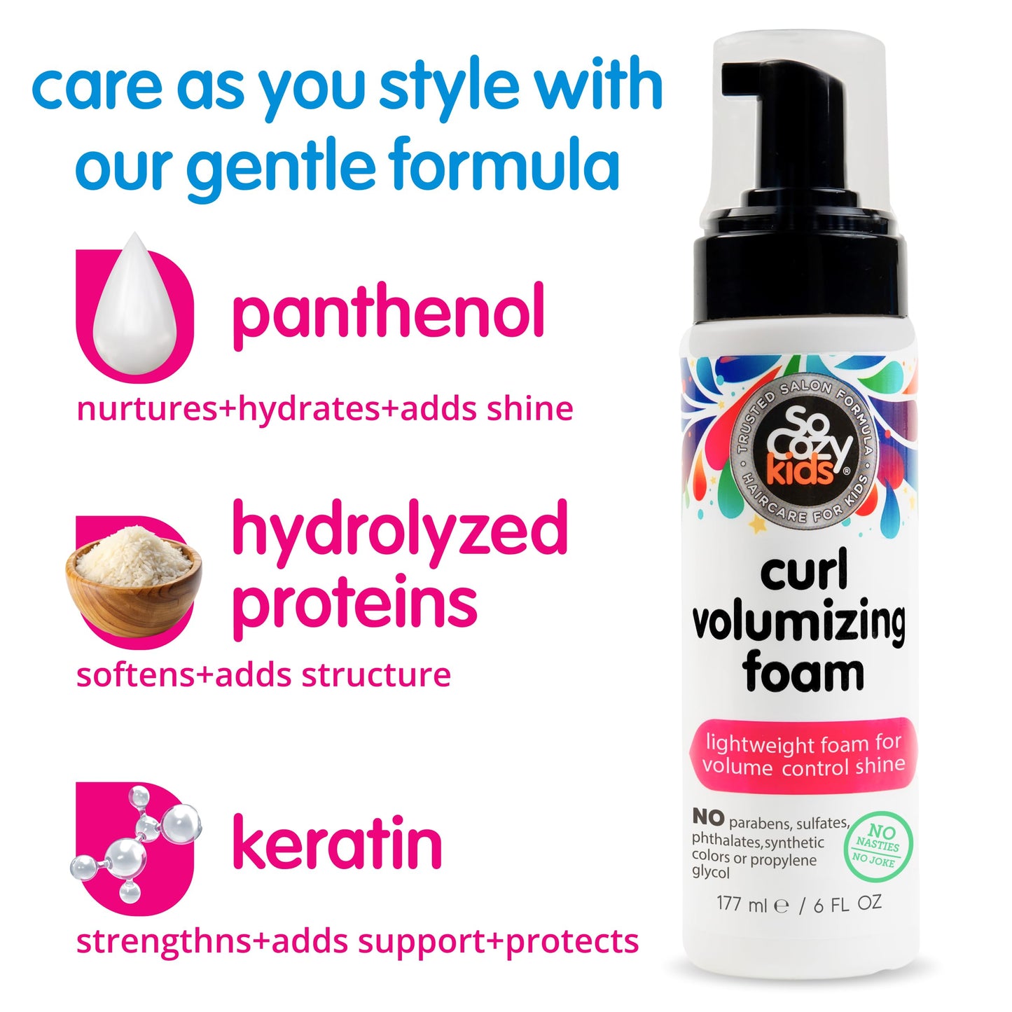 SoCozy Kids Curl Volumizing Mousse – Lightweight Foam for Curly Hair, Adds Shine & Volume with Panthenol, Keratin & Proteins, Sulfate-Free, 6 Fl Oz