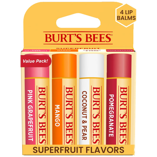 Burt's Bees Lip Balm 4-Pack – Pink Grapefruit, Mango, Coconut & Pear, Pomegranate – Natural, Tint-Free Moisturizer, 0.15 oz Each