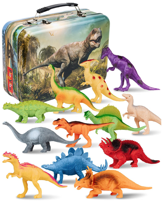 PLAYVIBE Dinosaur Toys - 12 Realistic 7-Inch Models, Multi-Color, Metal Storage Box - Dinosaur Figures & Action Figures for Kids Ages 3-7