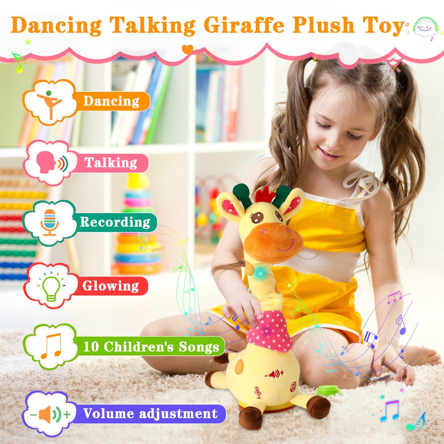 LLUKEME Dancing Talking Giraffe Toy – Stuffed Animal, Musical Light-Up Plush, Repeats What You Say, Fun Gift for Toddlers 1-3