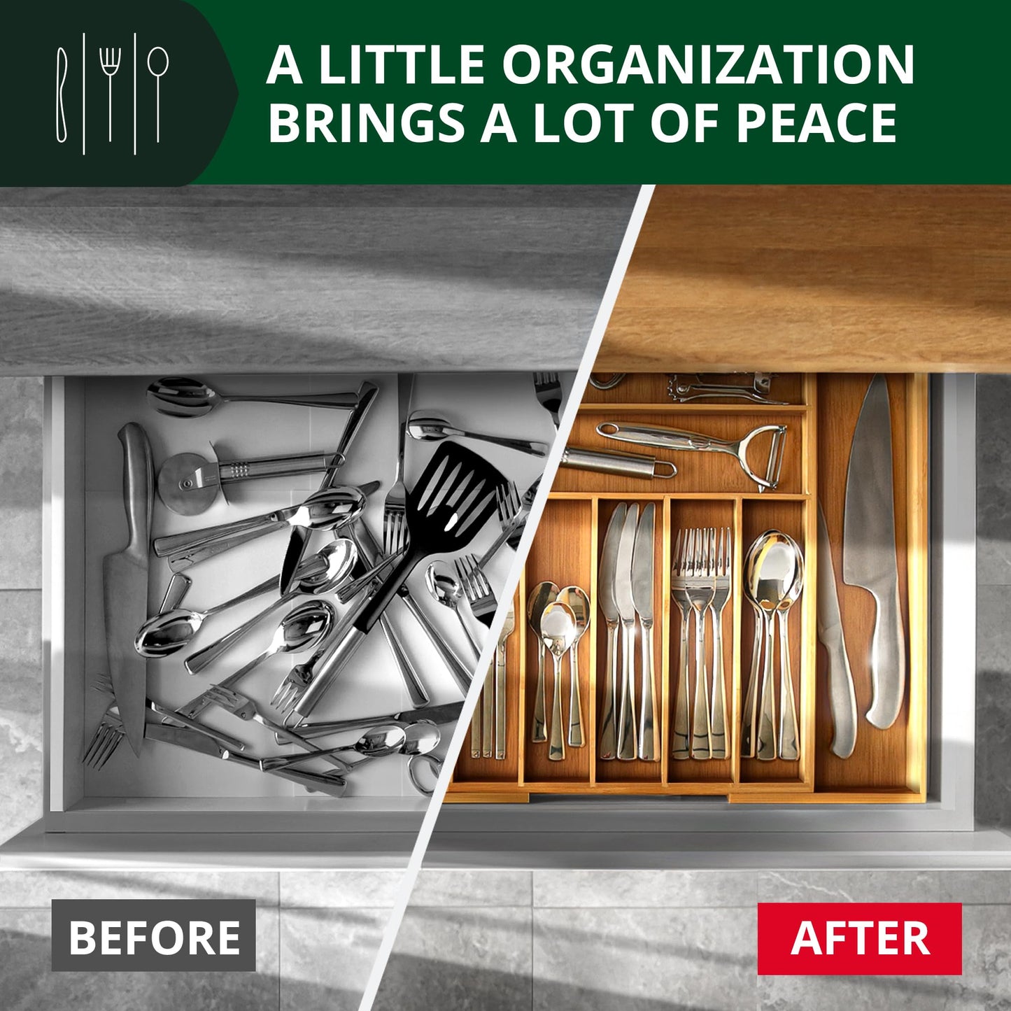 ROYAL CRAFT WOOD Bamboo Kitchen Drawer Organizer – 9-Slot Silverware, Utensil & Cutlery Tray Divider, Natural Finish