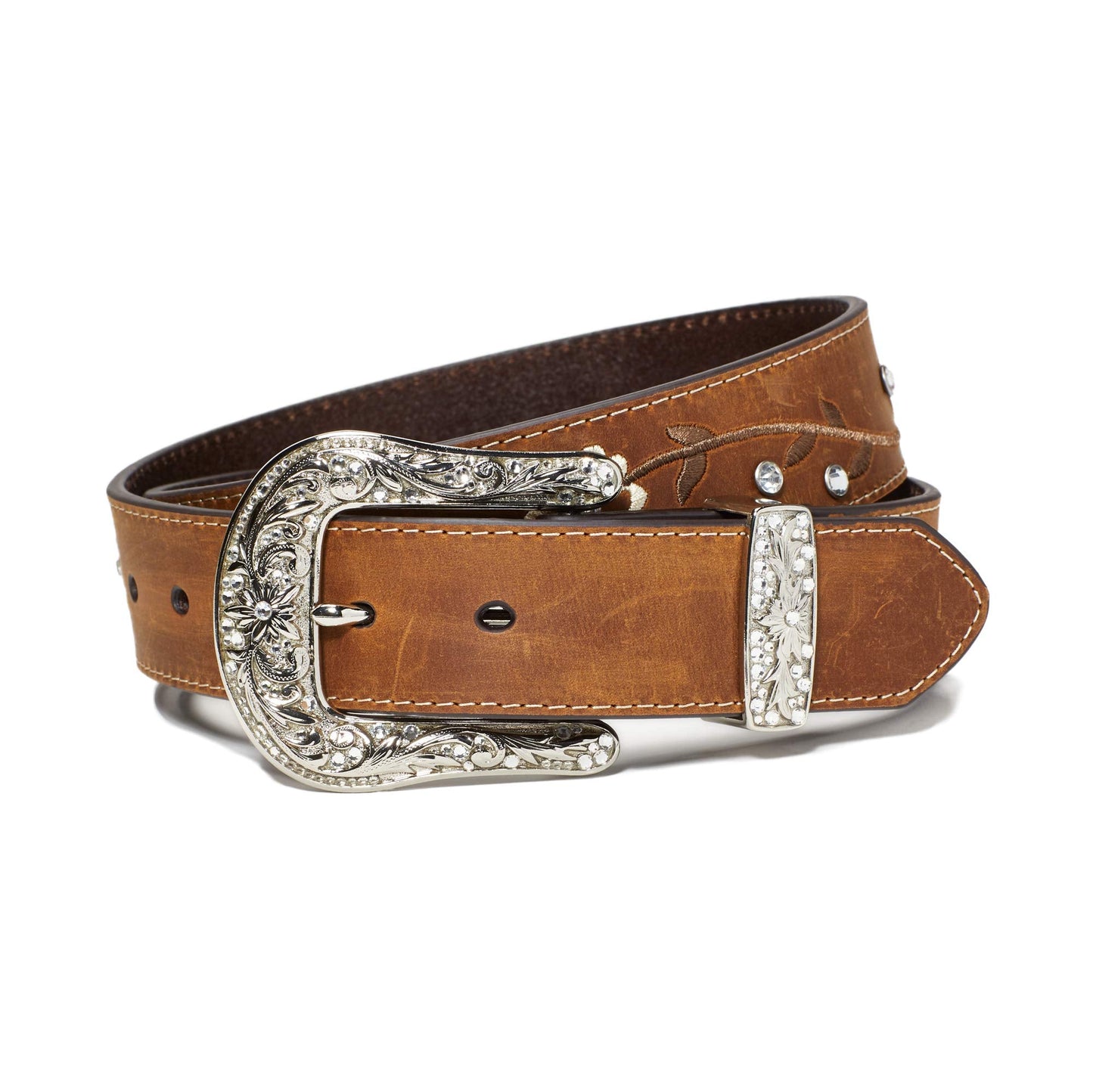 ARIAT Women's Floral Stitch Berry Concho Belt, Brown, Large