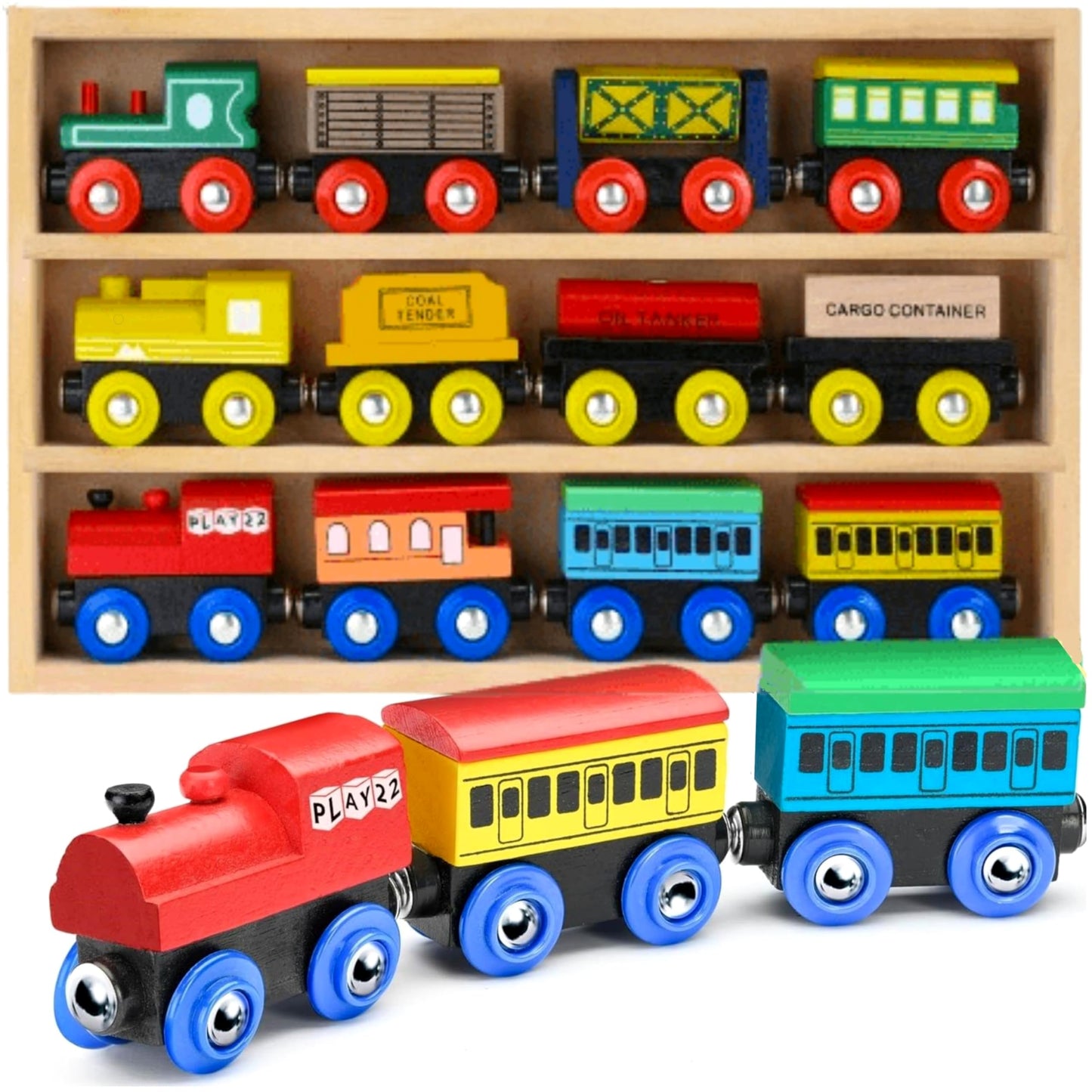 Play22 Wooden Train Set 12 PCS - Magnetic Train Toys with 3 Engines, Compatible with All Major Brands for Toddlers & Kids