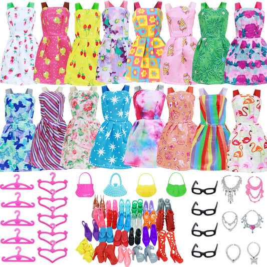 BJDBUS 42-Pc Doll Clothes & Accessories Set for 11.5" Dolls – 10 Mini Dresses, 32 Shoes, Glasses, Necklaces, Handbags & Hangers